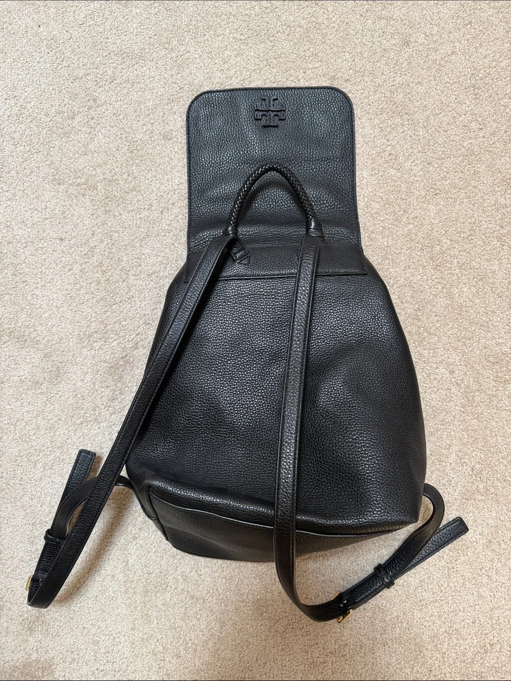 Tory Burch Black Pebbled Leather Tassel Flap Backpack